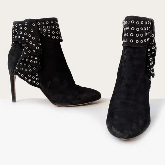 Alaïa Black Suede Grommet Embellished Ruffled Ankle Boots | Size 38.5 - Picture 9 of 16